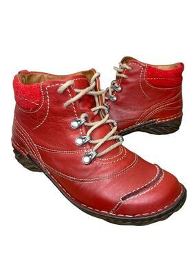 Josef Seibel Red Leather Ankle Booties Sz 39/8 Lace up Moccasins Chukka Boots